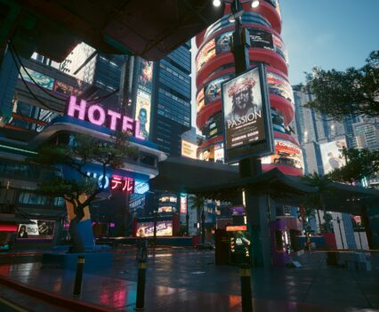 Foto de una calle de estilo cyberpunk con muchas luces de neon