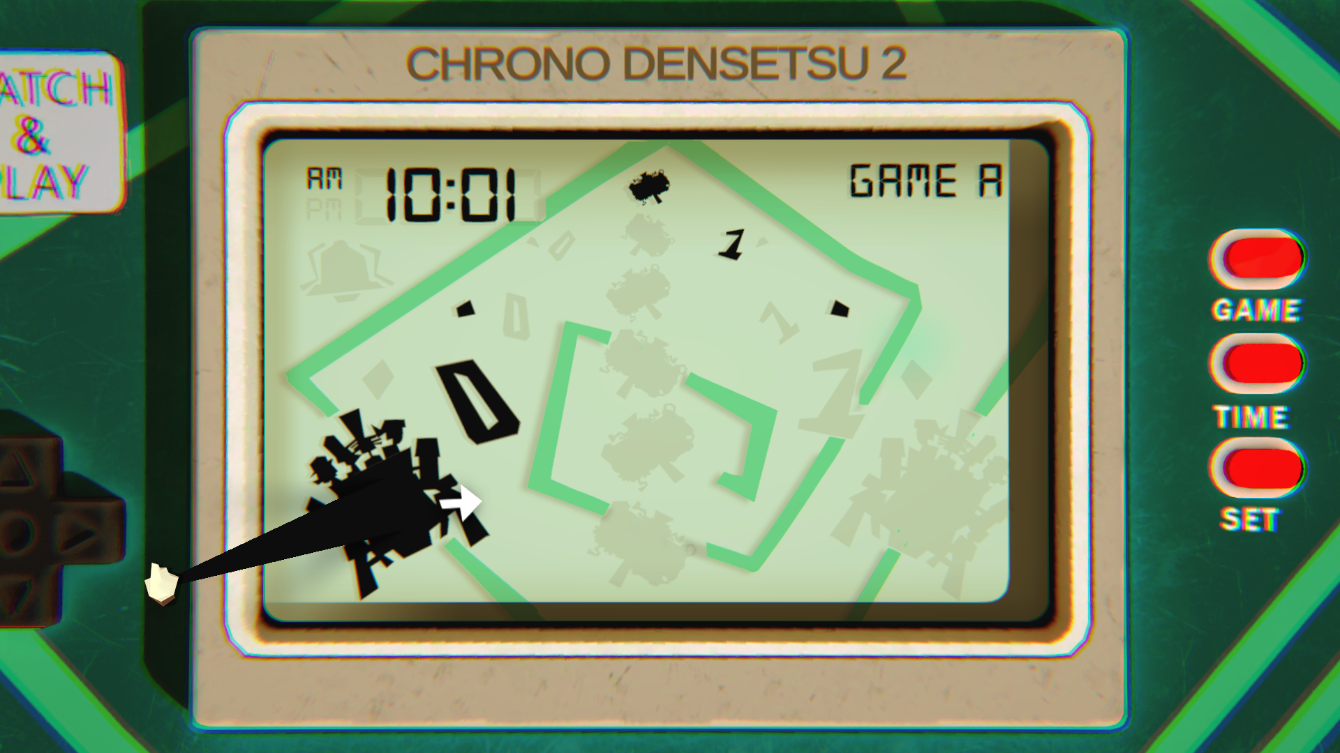 Crushed in Time: una escena estirando un Game & Watch dentro del propio juego, what