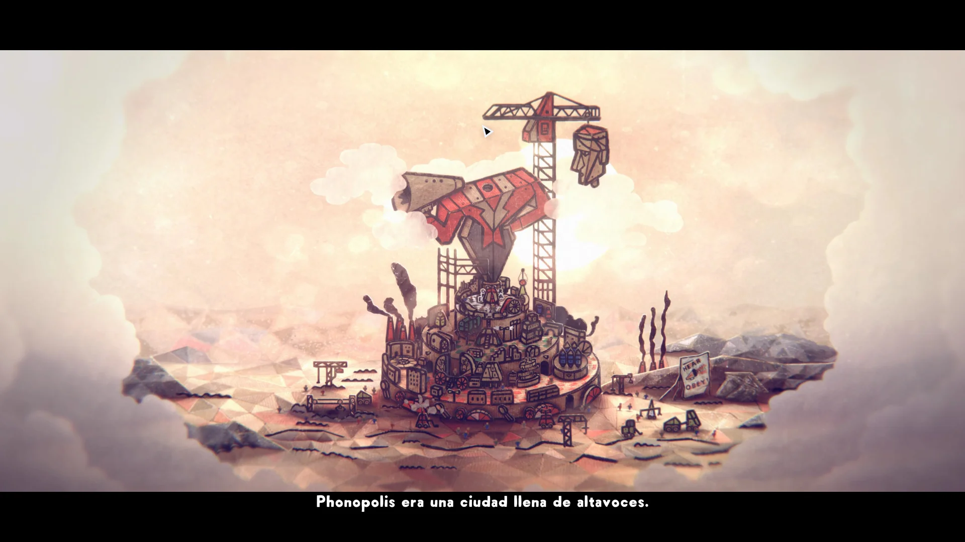 Captura de la introducción de Phonopolis donde se ve la ciudad entera mientras se construye la gigantesca estatua del líder.