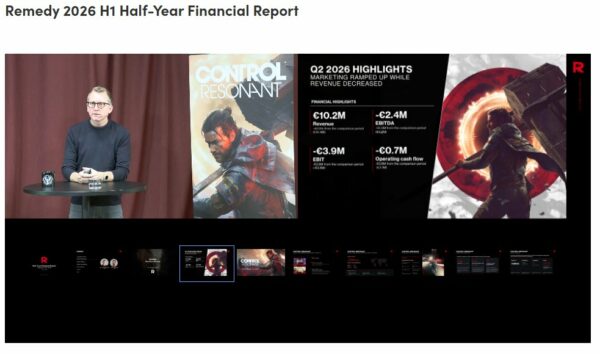 Diapositiva del informe financiero del primer semestre de 2026 de Remedy Entertainment. Destaca los resultados del segundo trimestre (Q2) para el juego 'Control Resonant'. Los puntos clave son: ingresos de 10.2 millones de euros, pero pérdidas operativas (EBIT) de 3.9 millones y un flujo de caja negativo de 0.7 millones, atribuido a un aumento en el gasto de marketing. La imagen incluye arte del juego y una foto de un presentador.