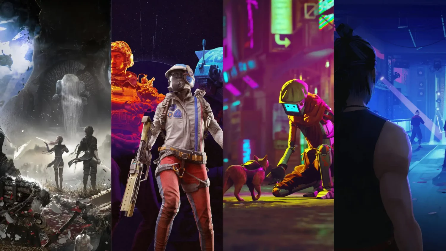 Collage vertical dividido en cuatro paneles que muestran escenas de diferentes videojuegos. De izquierda a derecha: 1) Una escena oscura y fantástica con dos guerreros frente a una figura etérea gigante y un coloso en primer plano. 2) Un astronauta con traje blanco y rojo sosteniendo un arma, con una estatua de soldado en tonos naranjas al fondo. 3) Un robot con cabeza de monitor y chaqueta naranja acariciando a un gato en una calle cyberpunk con luces de neón. 4) La vista trasera de un hombre con camiseta sin mangas y pañuelo en la cabeza, mirando hacia una pista de baile con luces azules.