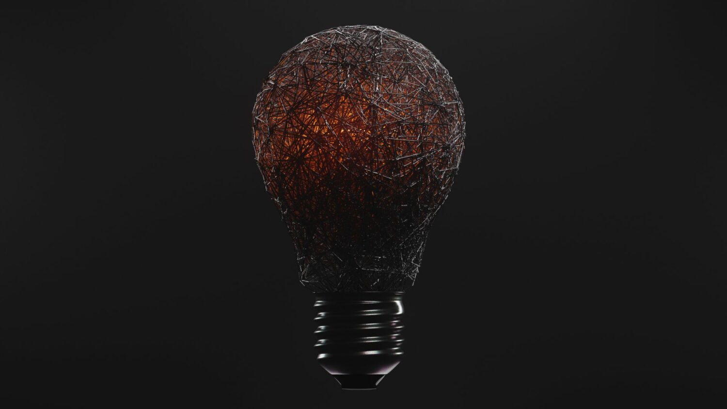Close-up artístico de una bombilla envuelta en alambre, mostrando opacidad en lo que debería algo luminoso.